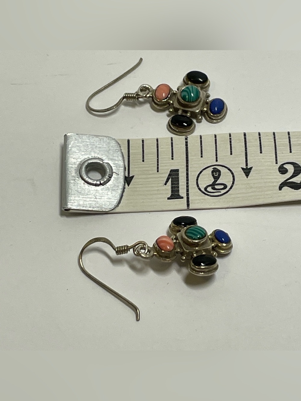 Sterling Silver Southwestern Style Multi Colored Stones Dangle Earrings, 3.95g - Picture 6 of 9